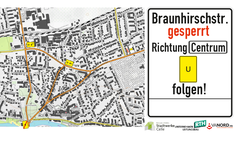 Eine stilisierte Straßenkarte in der Umleitungen eingezeichnet sind. Daneben ein Schild das auf die Umleitung hinweist.
