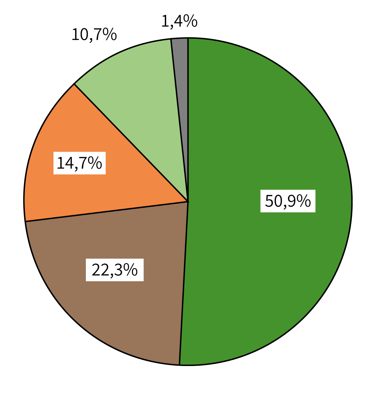 Tortendiagramm der Stromerzeugung in Deutschland zum Vergleich. Die Werte finden Sie in der Tabelle weiter unten.